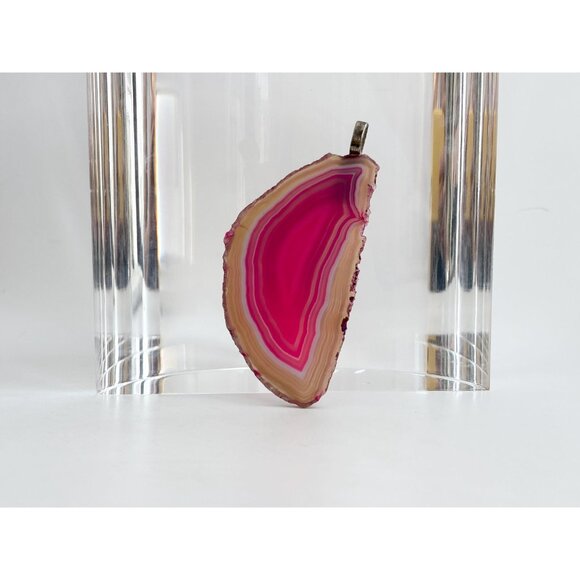 Pink Slice Agate Crystal Geode Freeform Shaped Large Silver T Vintage Pendant - Picture 7 of 13